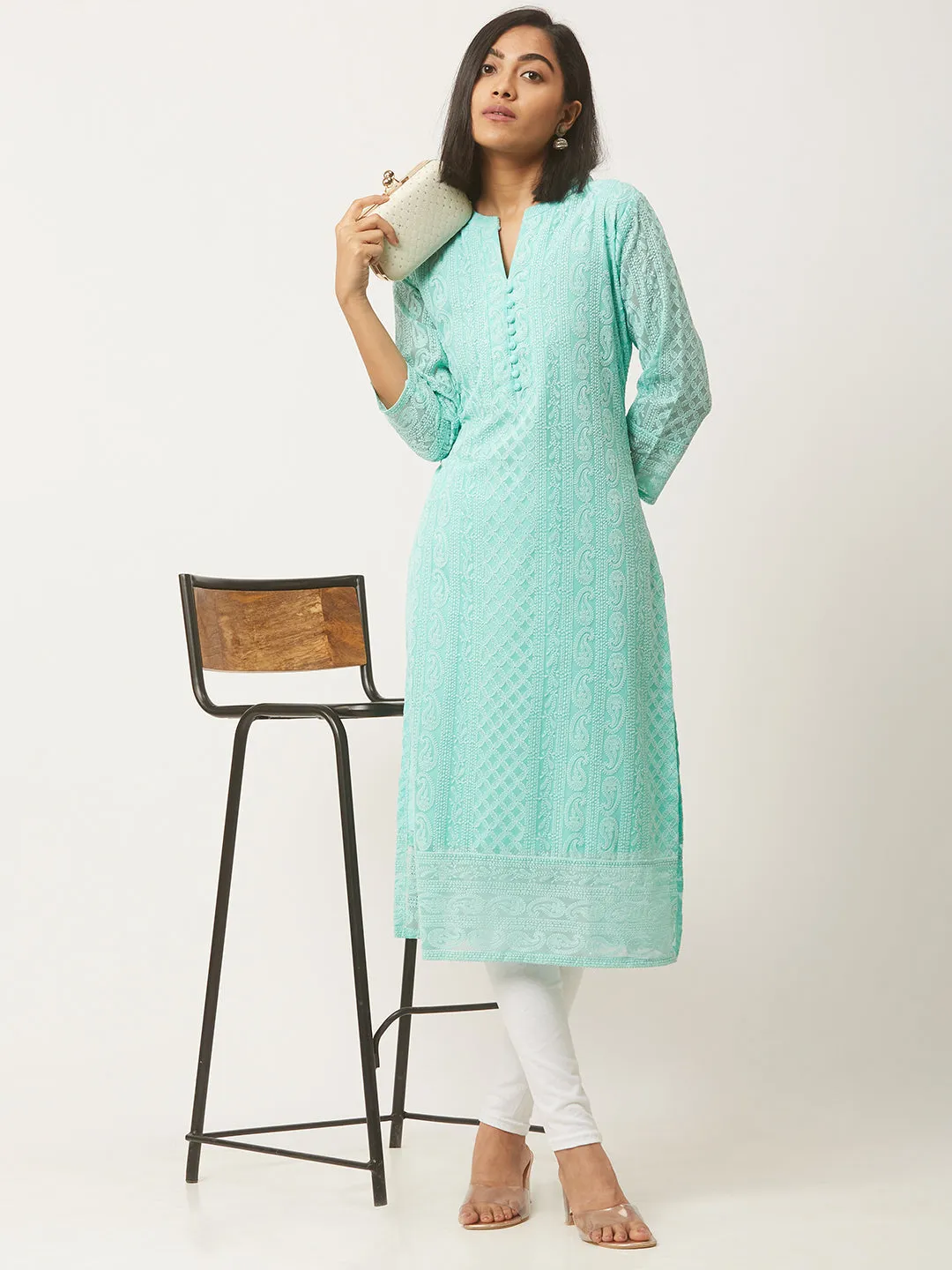 Sea Green lucknowi kurti - Paisley Embroidered Georgette Lucknowi Chikankari Kurta For Women