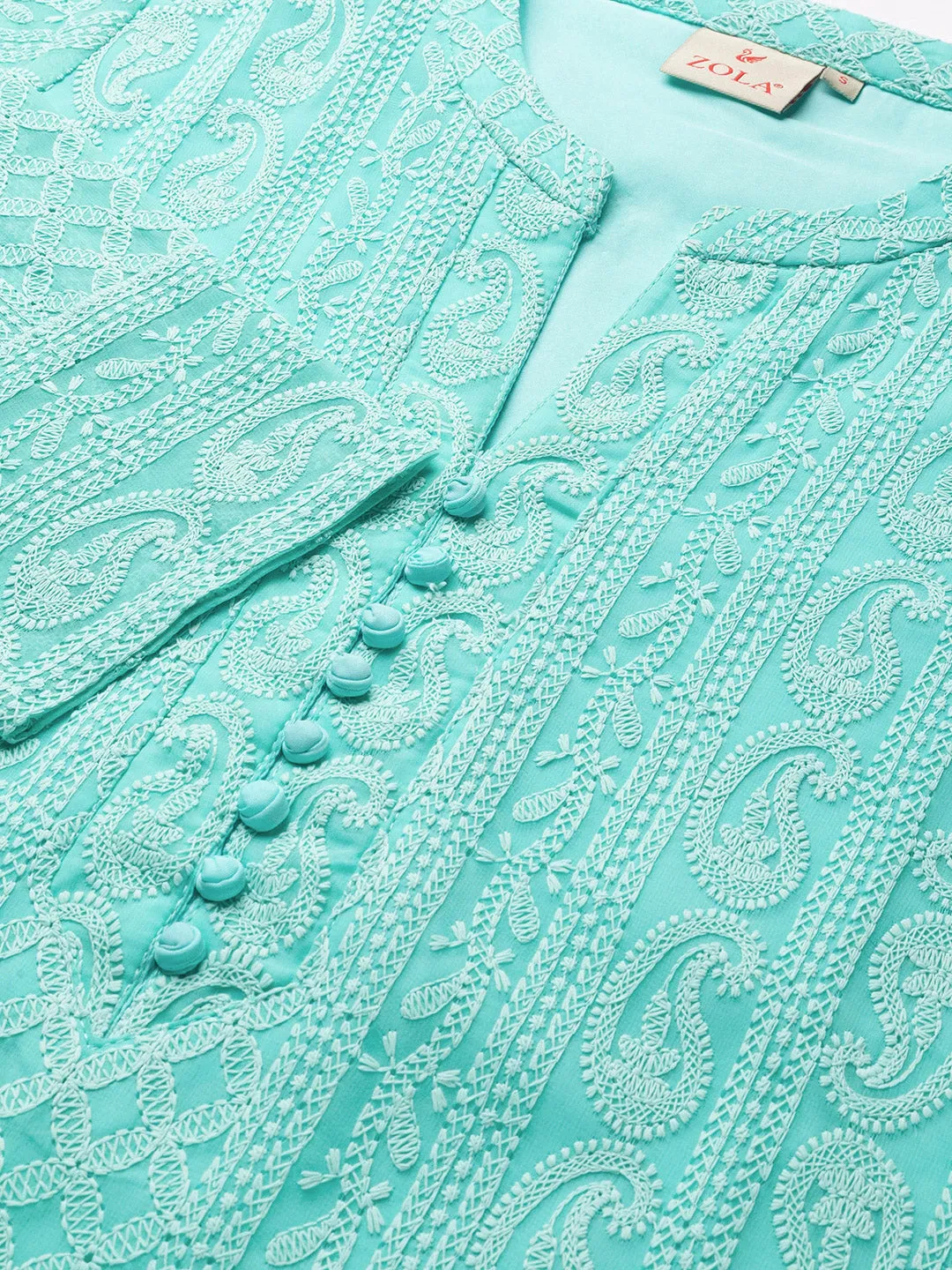 Sea Green lucknowi kurti - Paisley Embroidered Georgette Lucknowi Chikankari Kurta For Women