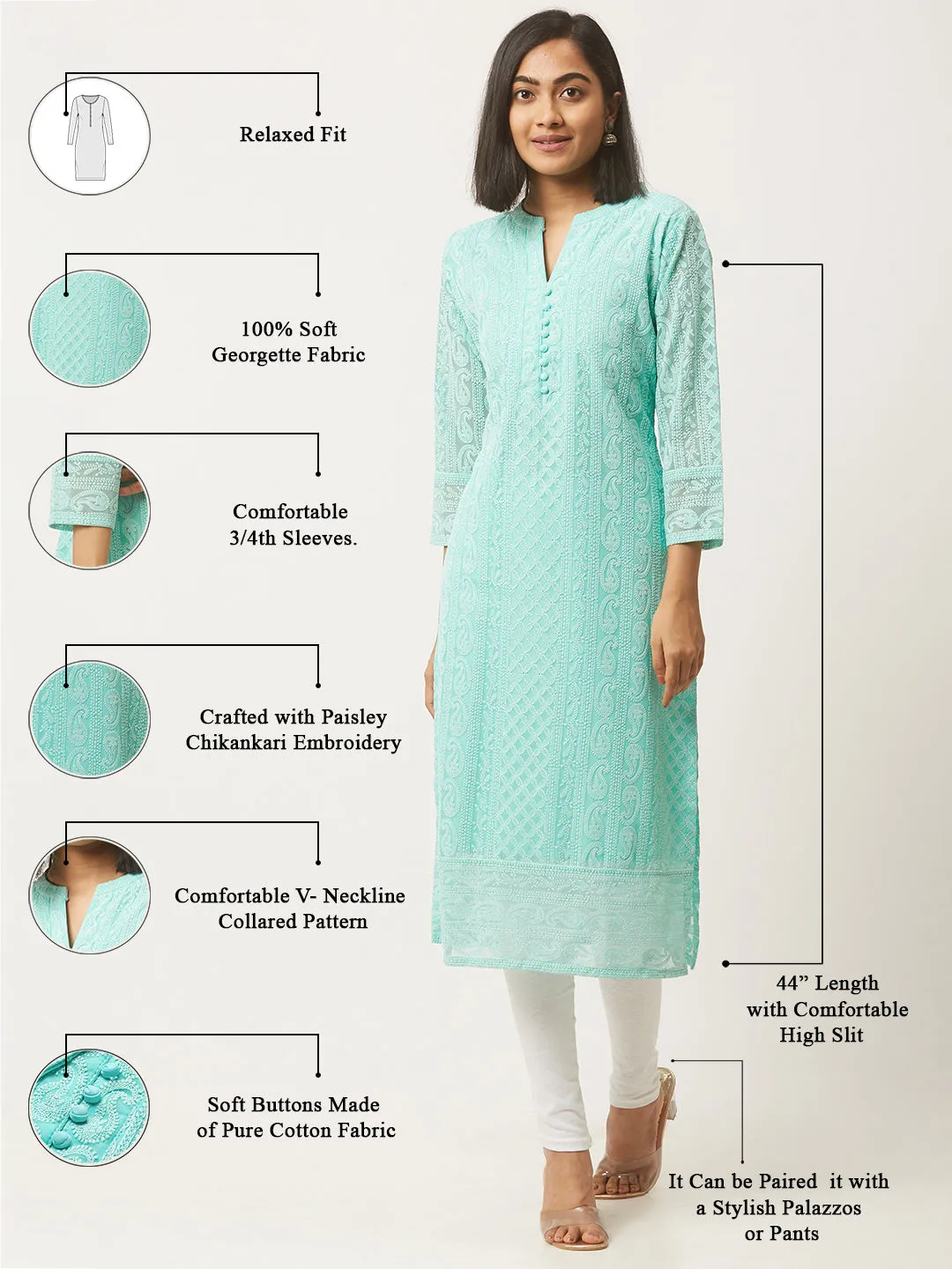 Sea Green lucknowi kurti - Paisley Embroidered Georgette Lucknowi Chikankari Kurta For Women