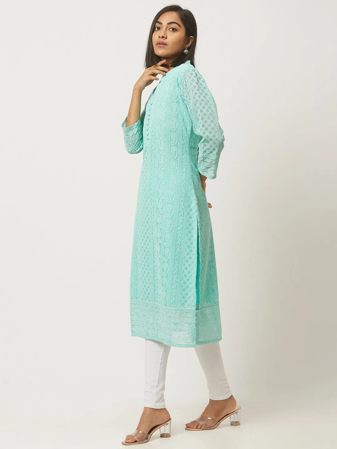 Sea Green lucknowi kurti - Paisley Embroidered Georgette Lucknowi Chikankari Kurta For Women