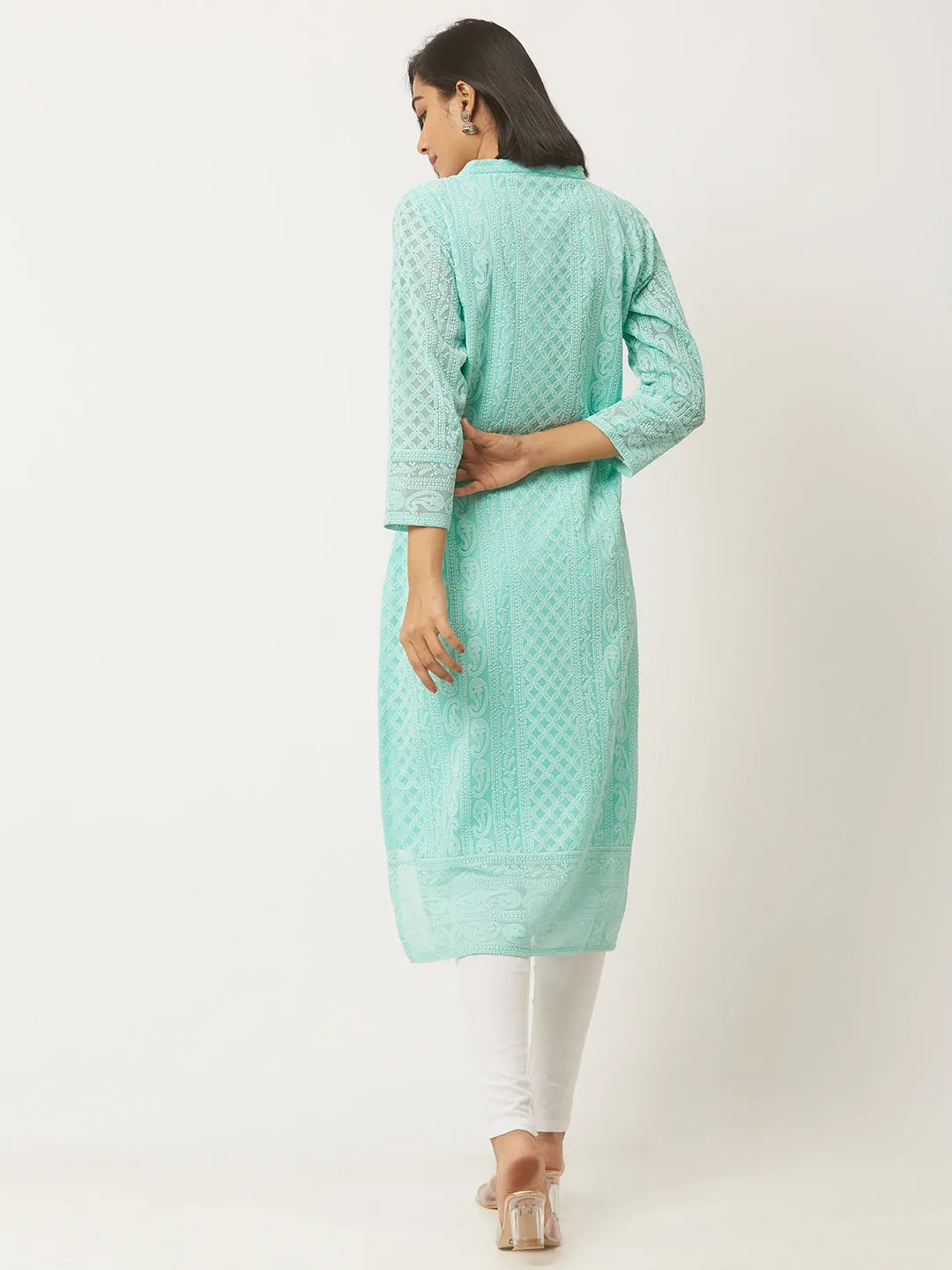 Sea Green lucknowi kurti - Paisley Embroidered Georgette Lucknowi Chikankari Kurta For Women