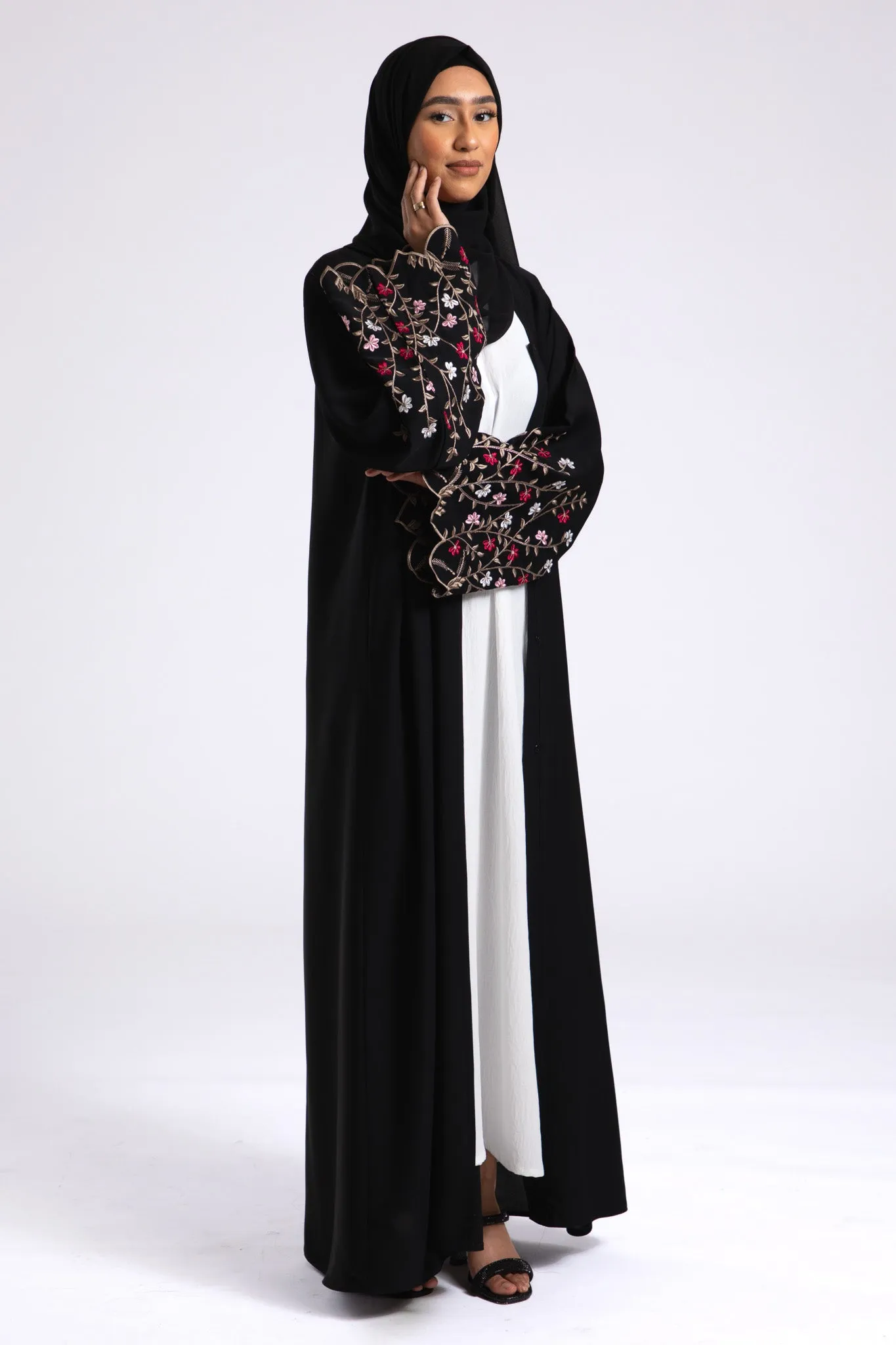 Secret Paradise Bloom Embroidered Open Abaya (Premium)