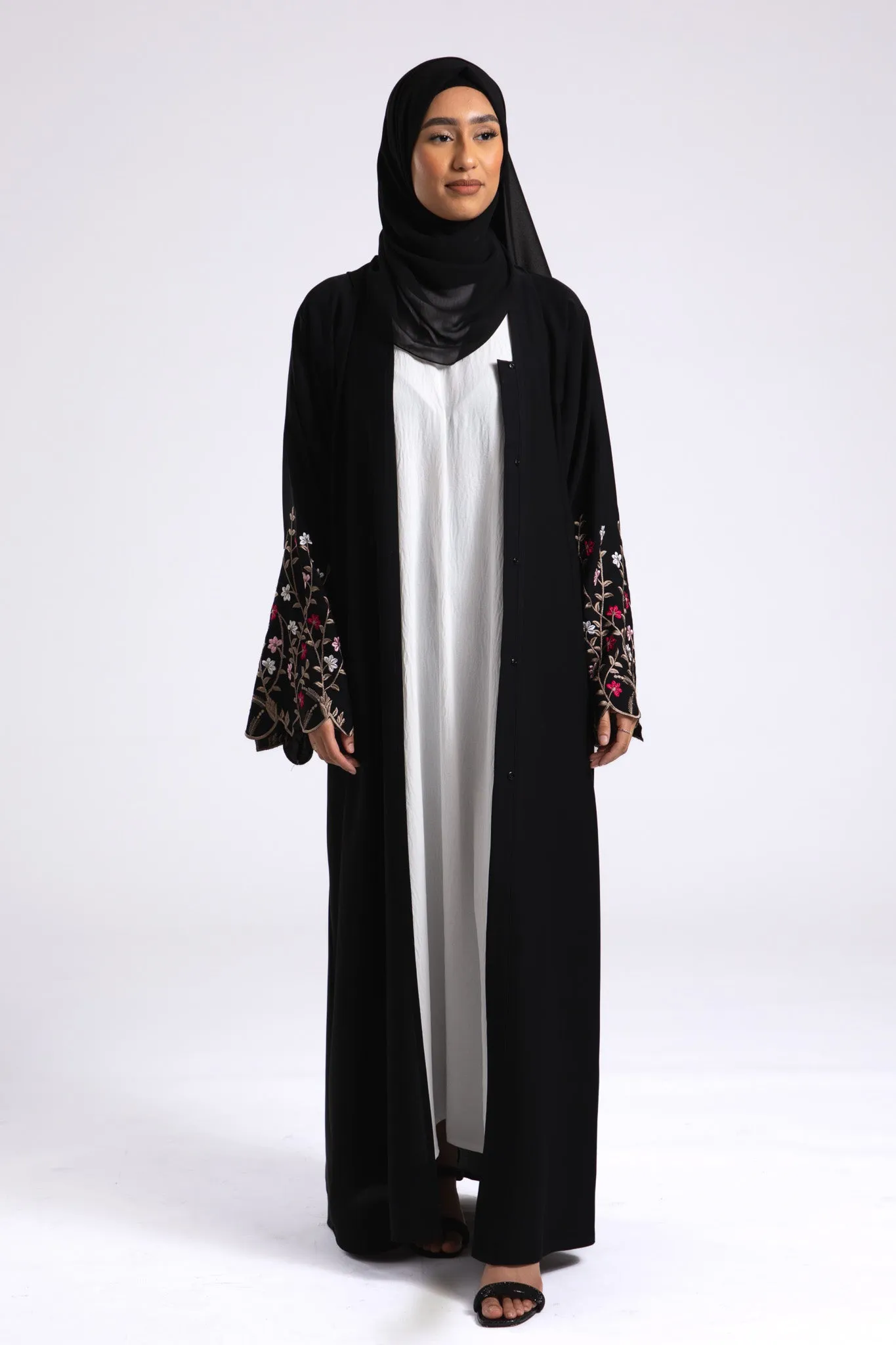 Secret Paradise Bloom Embroidered Open Abaya (Premium)