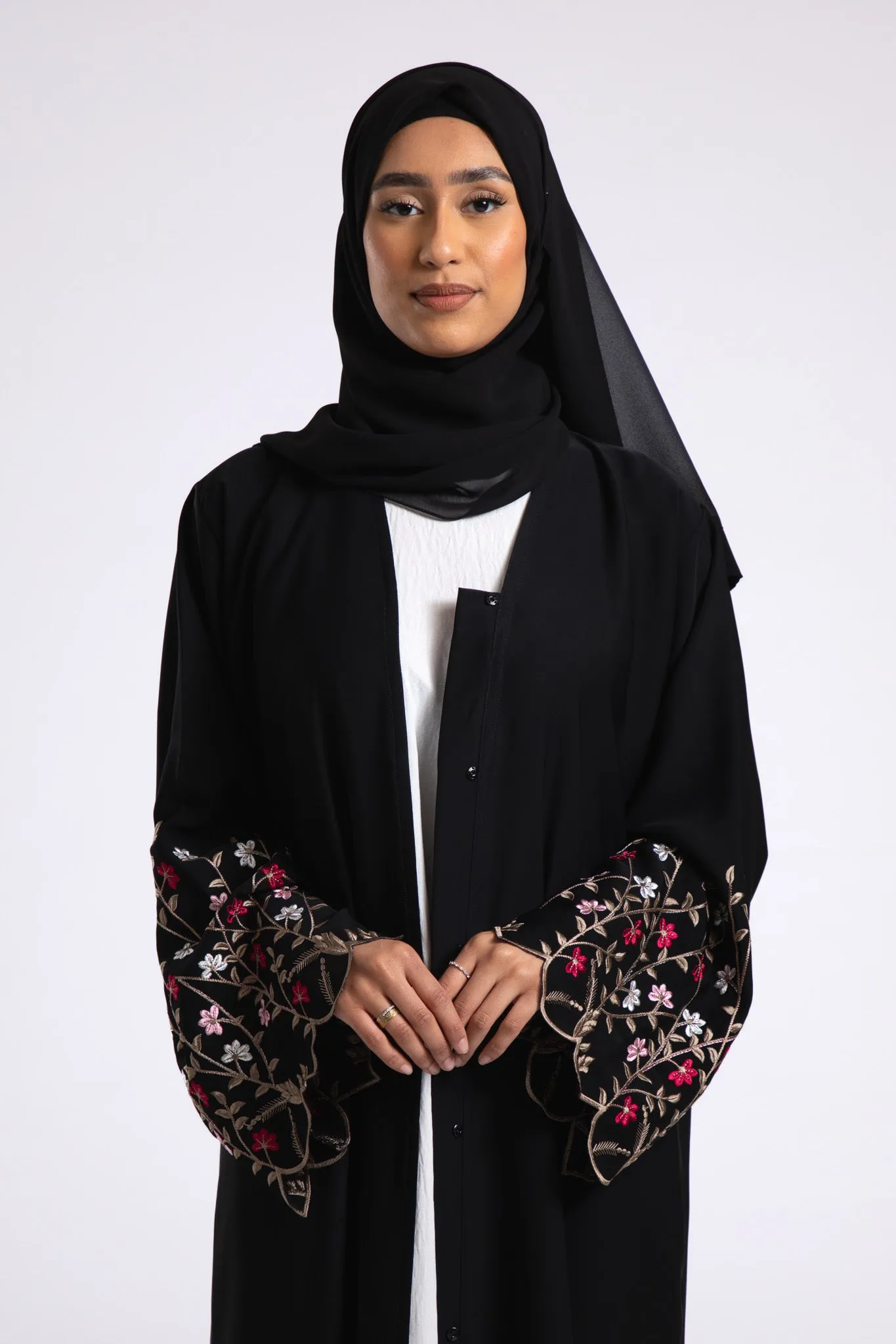 Secret Paradise Bloom Embroidered Open Abaya (Premium)