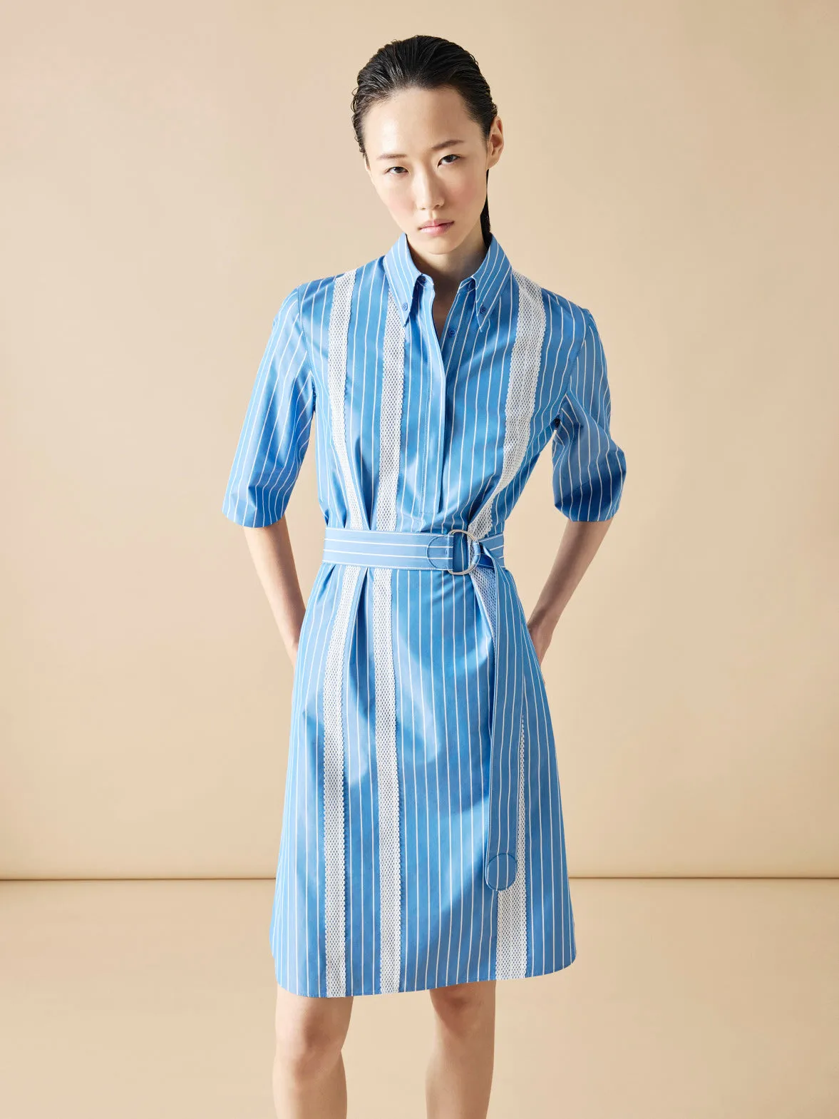 Shirt Dress in Striped Cotton with Mesh Tape