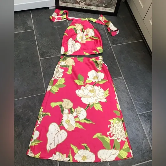 Sigrid Olsen Womens Hawaiian Skirt Set Size S Tropical Floral Print Midi Pink