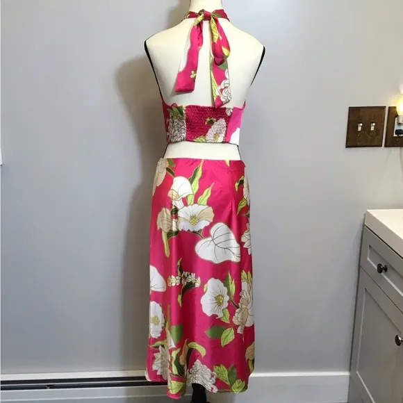 Sigrid Olsen Womens Hawaiian Skirt Set Size S Tropical Floral Print Midi Pink