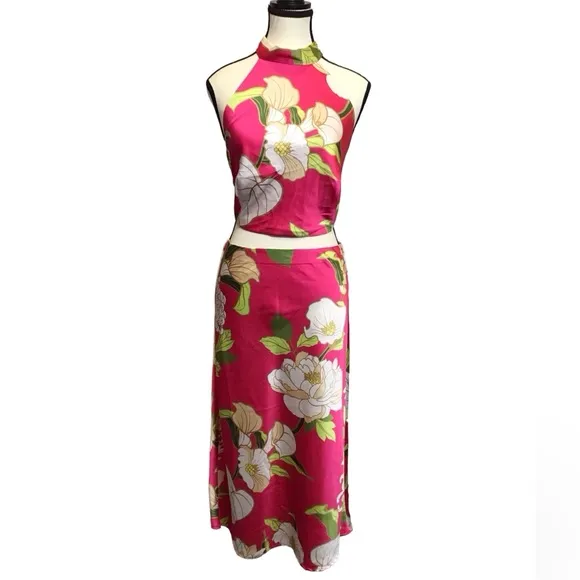 Sigrid Olsen Womens Hawaiian Skirt Set Size S Tropical Floral Print Midi Pink