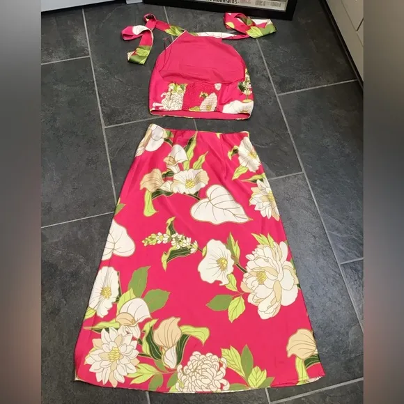 Sigrid Olsen Womens Hawaiian Skirt Set Size S Tropical Floral Print Midi Pink