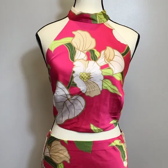 Sigrid Olsen Womens Hawaiian Skirt Set Size S Tropical Floral Print Midi Pink