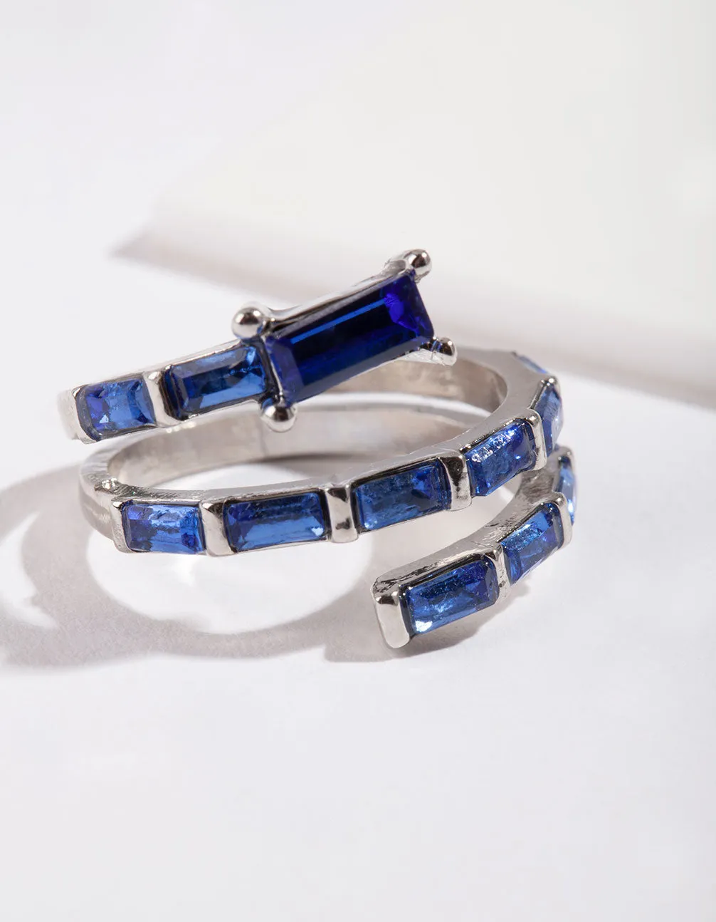 Silver Blue Gem Baguette Wrap Band Ring