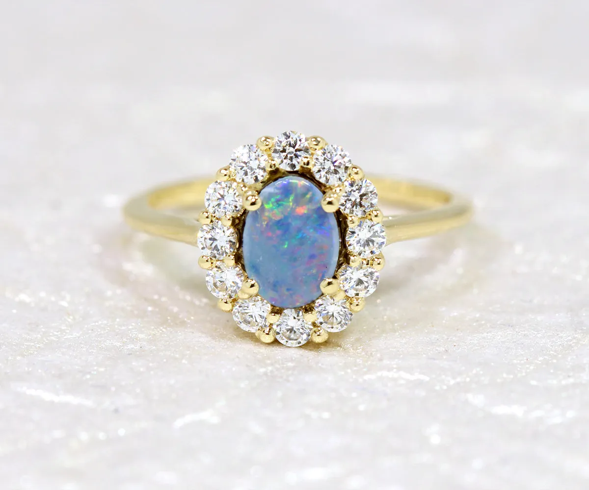 Simple Halo Opal Yellow Gold Ring