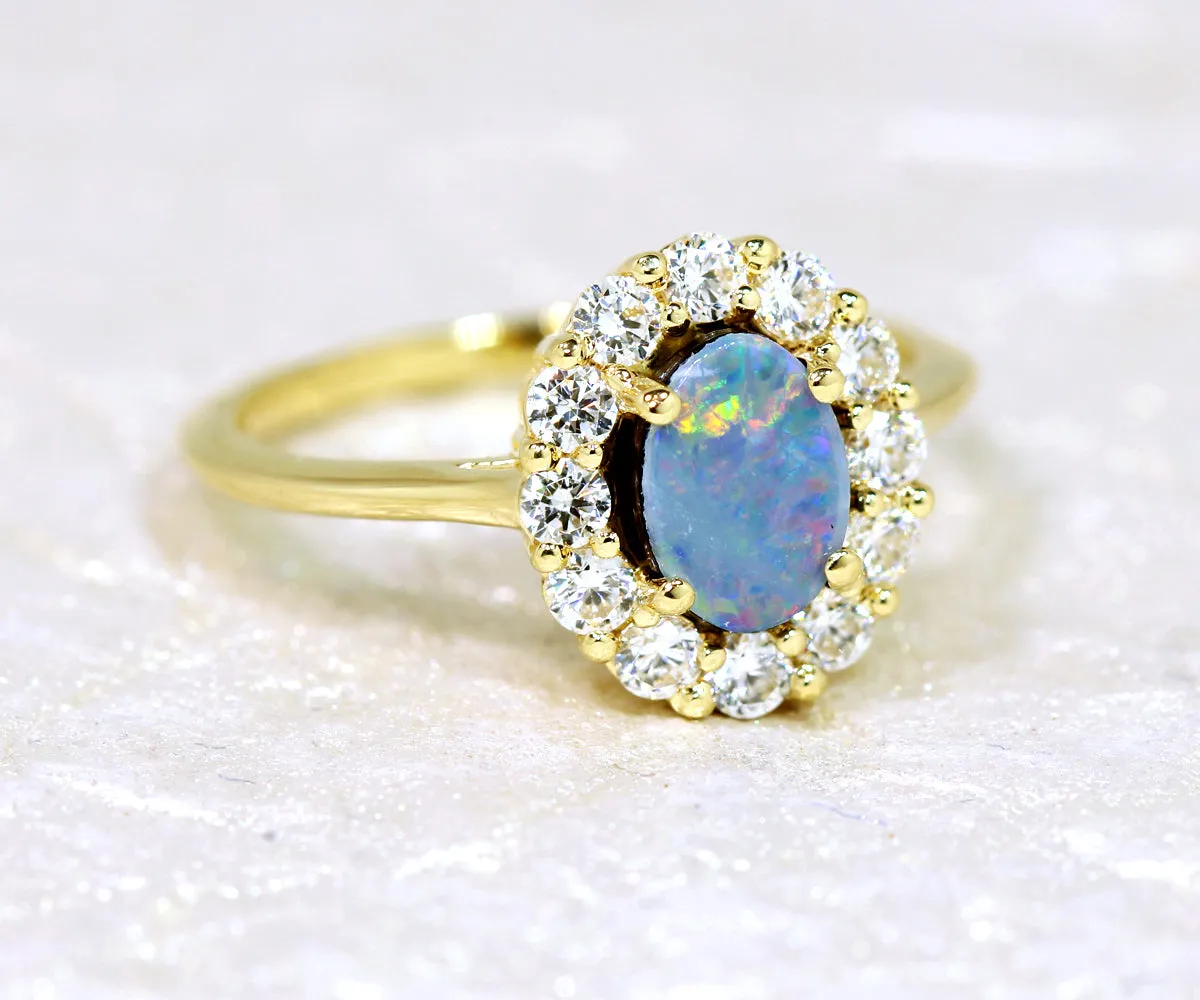 Simple Halo Opal Yellow Gold Ring