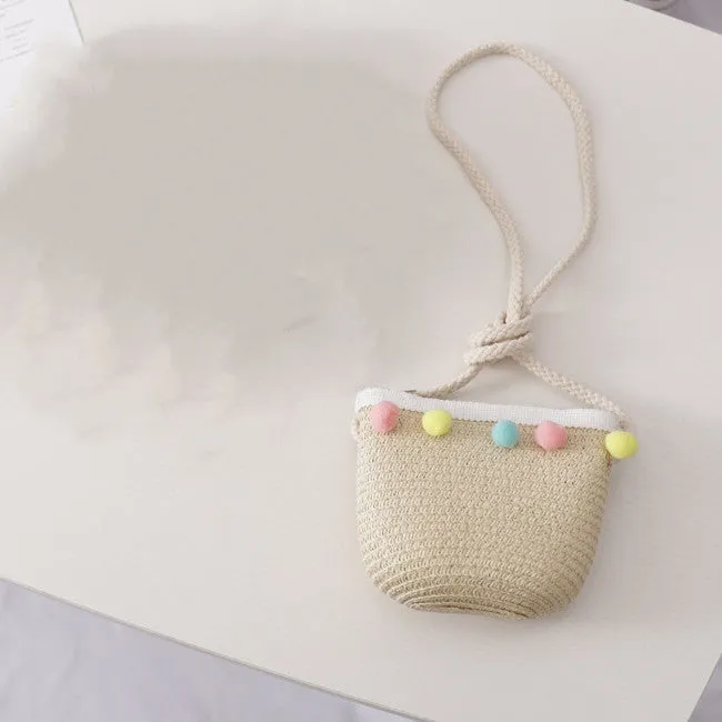 Small Ball, Solid Color, Children Straw, Hat Bag Set