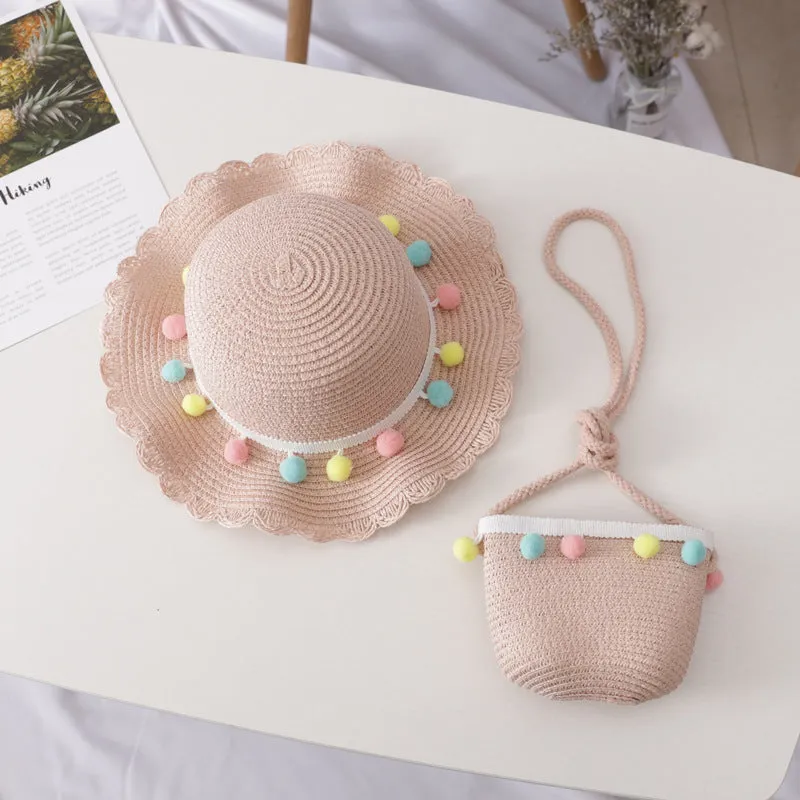 Small Ball, Solid Color, Children Straw, Hat Bag Set