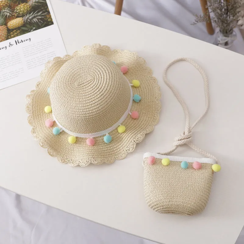 Small Ball, Solid Color, Children Straw, Hat Bag Set