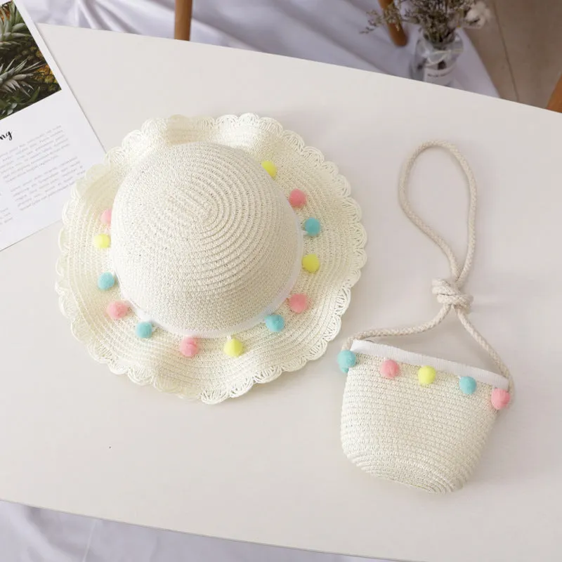 Small Ball, Solid Color, Children Straw, Hat Bag Set