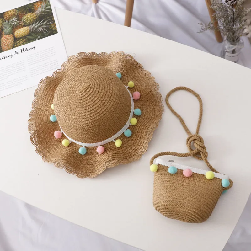 Small Ball, Solid Color, Children Straw, Hat Bag Set