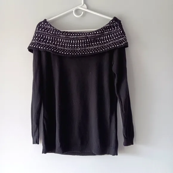 Soho Silver Studded Off-Shoulder Draped Overlay Long Sleeve Black Sweater, Large