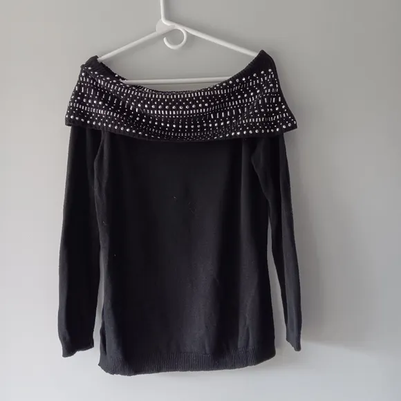 Soho Silver Studded Off-Shoulder Draped Overlay Long Sleeve Black Sweater, Large