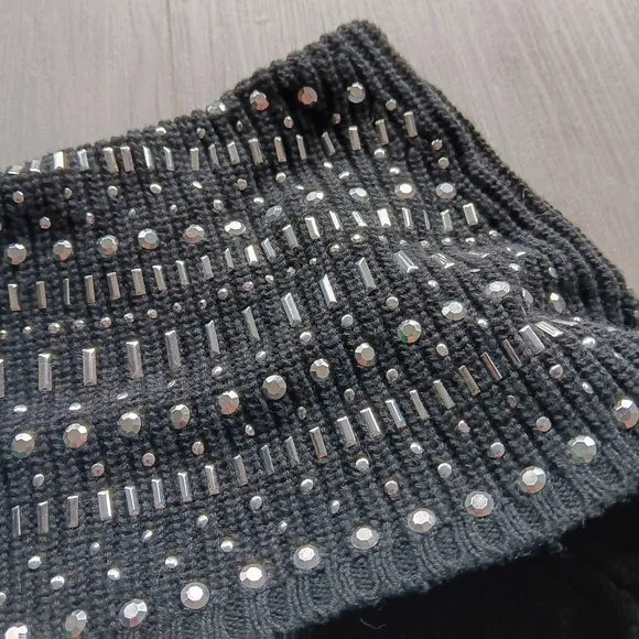 Soho Silver Studded Off-Shoulder Draped Overlay Long Sleeve Black Sweater, Large