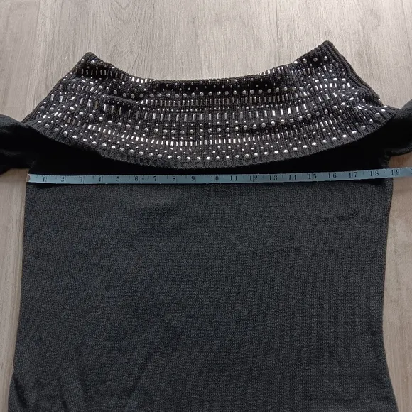Soho Silver Studded Off-Shoulder Draped Overlay Long Sleeve Black Sweater, Large