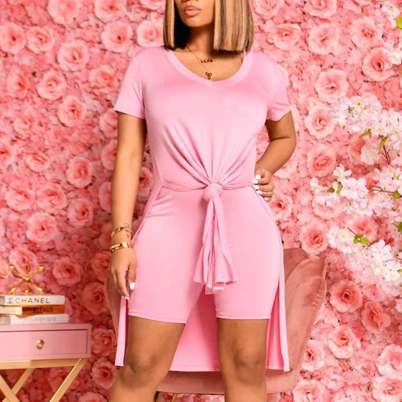 Solid Short Sleeve Slit Two Piece Shorts Set
