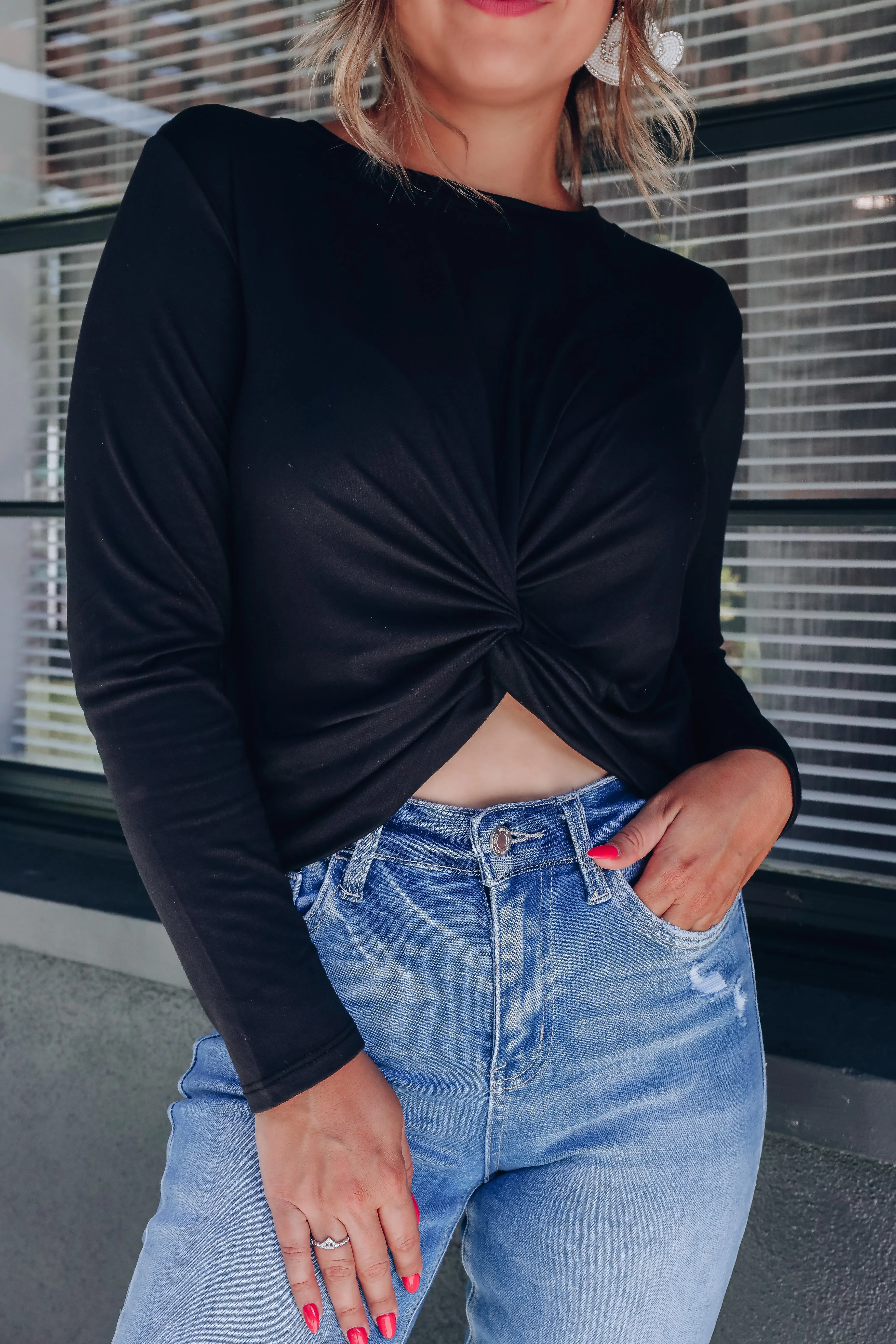 Spiral Knot Long Sleeved Crop Top - Black