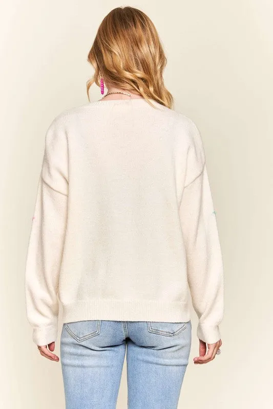 Stars Pattern Round Neck Drop Shoulder Ivory Sweater
