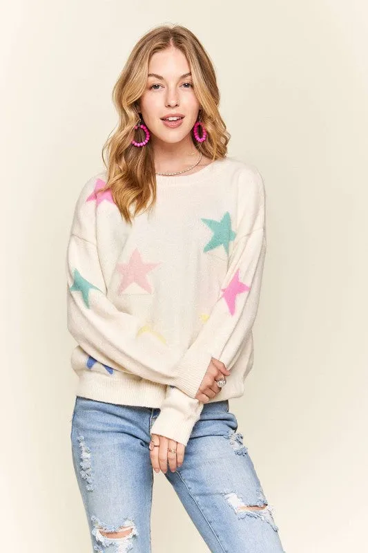 Stars Pattern Round Neck Drop Shoulder Ivory Sweater