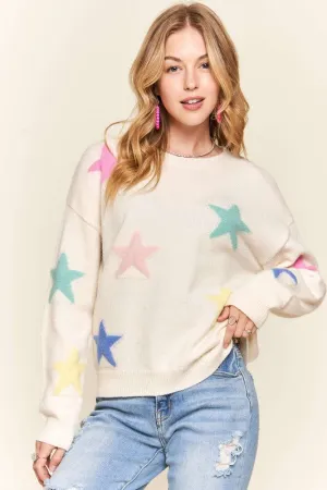 Stars Pattern Round Neck Drop Shoulder Ivory Sweater