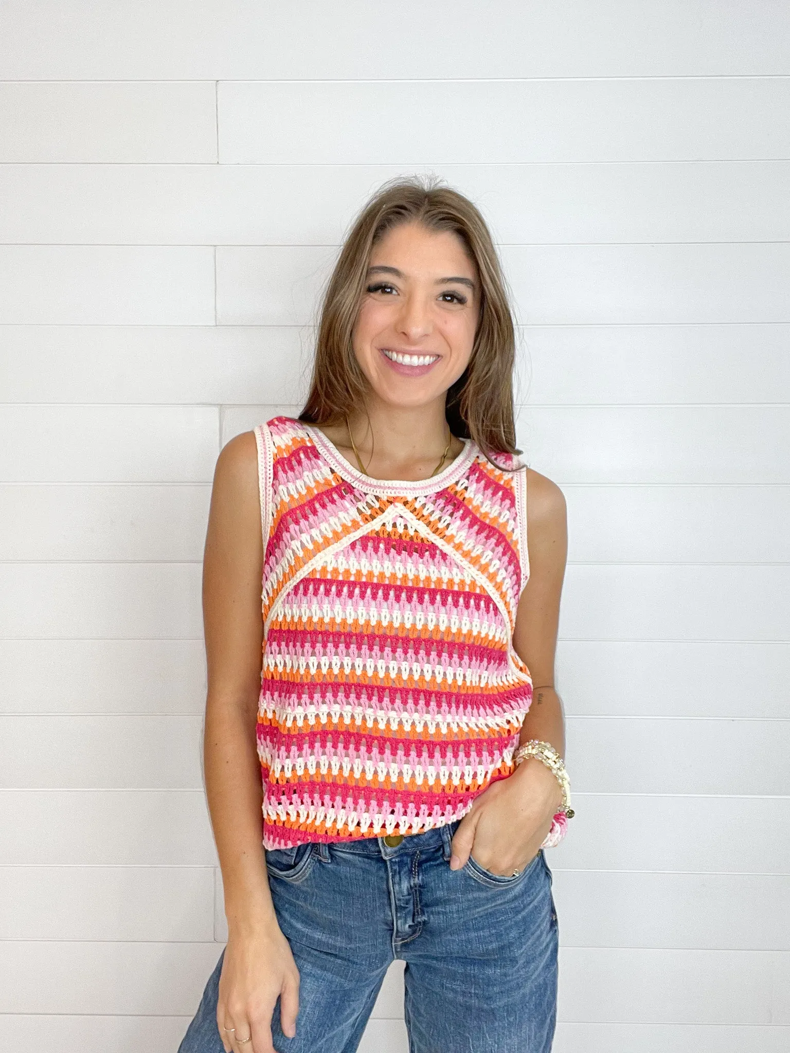 Striped Raglan Crochet Sleeveless Top