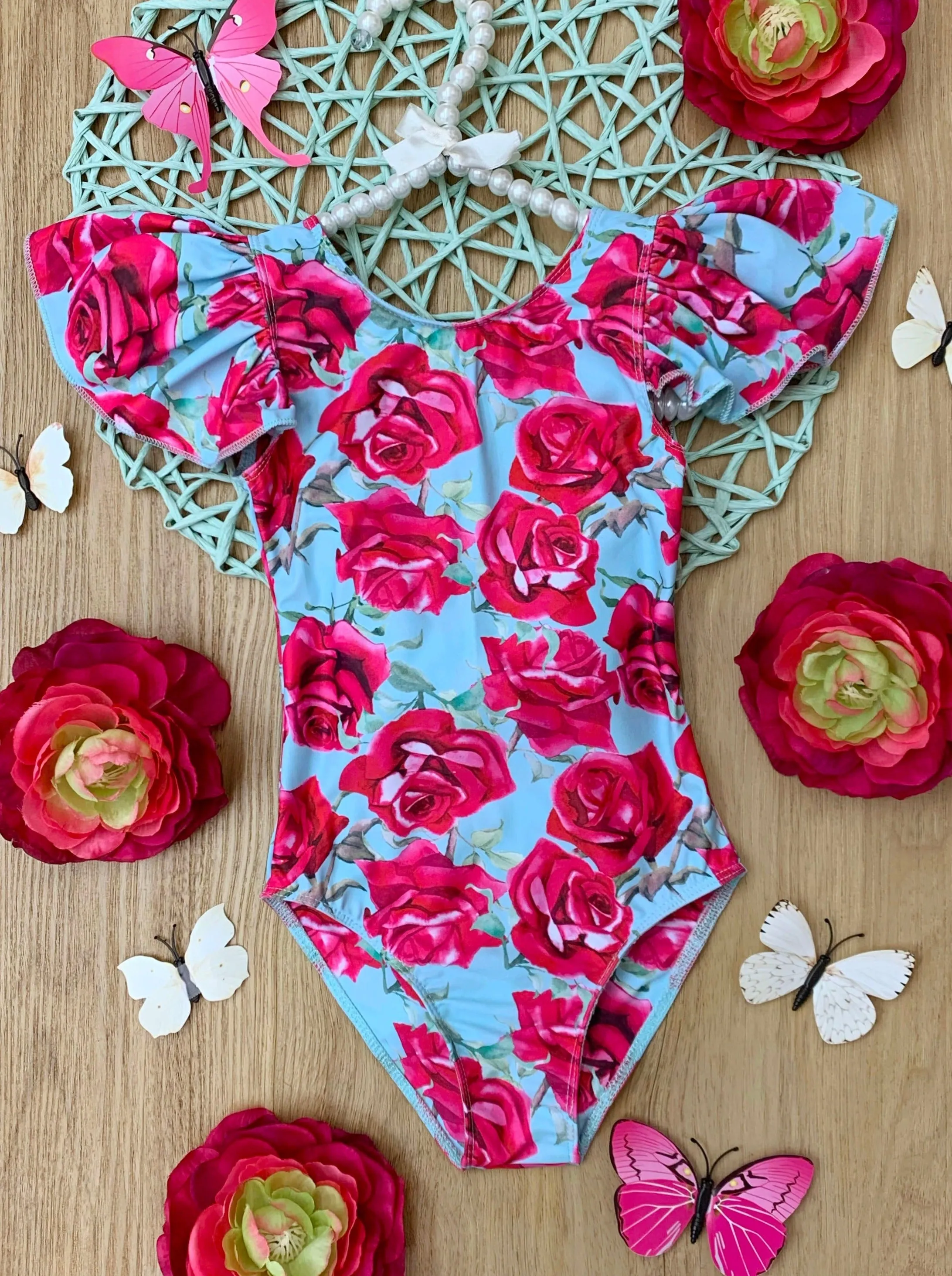 Sun-Kissed Blooms Flutter Sleeve Floral One Piece Swimsuit