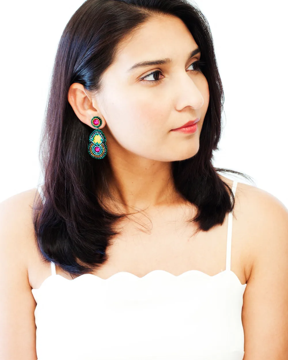 Teal fuchsia statement dangle earrings