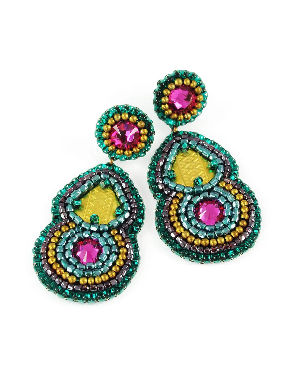 Teal fuchsia statement dangle earrings