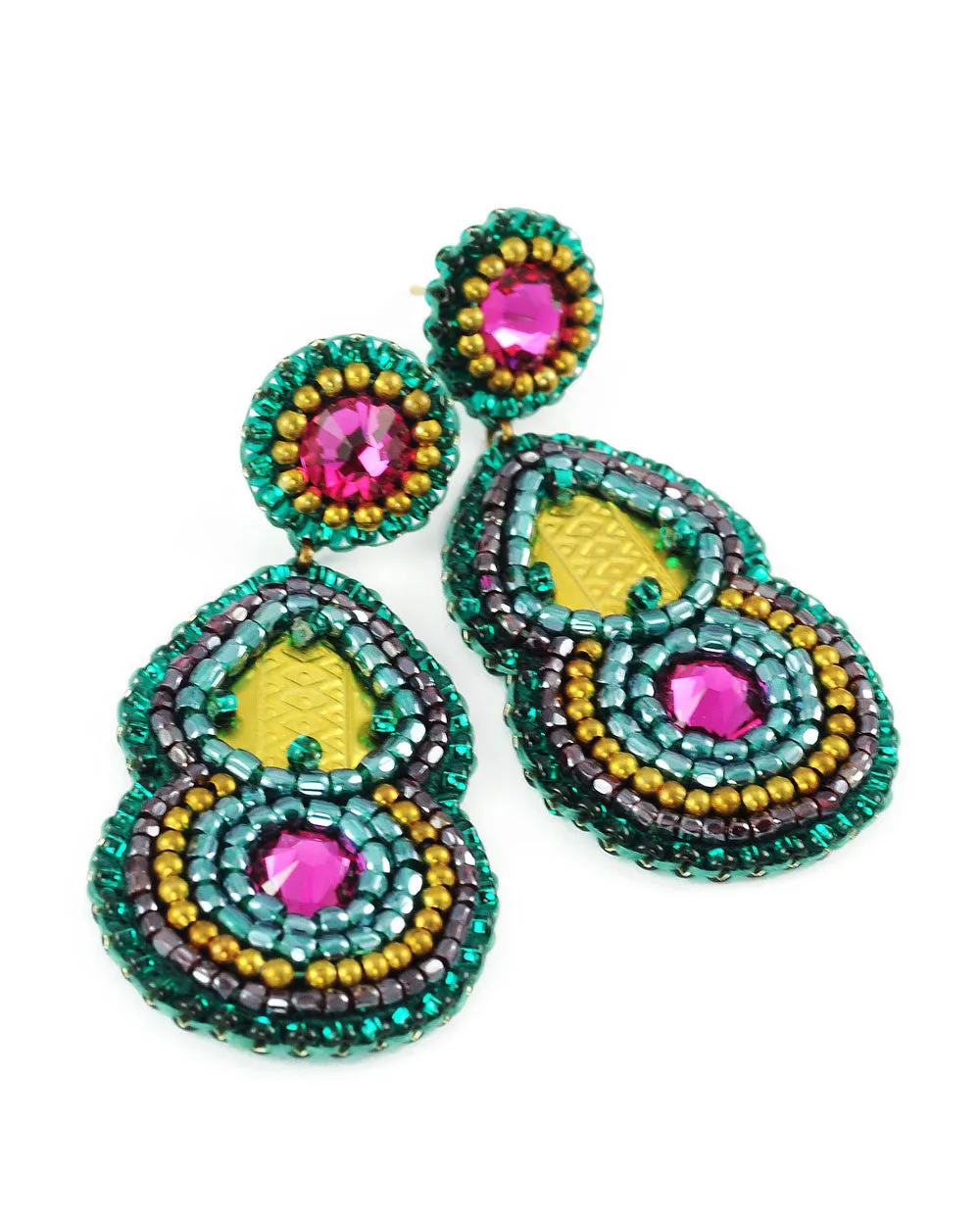 Teal fuchsia statement dangle earrings