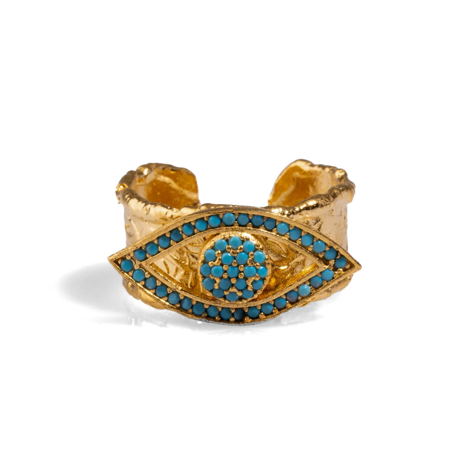 Turquoise Evil Eye Design Gold Adjustable Statement Ring