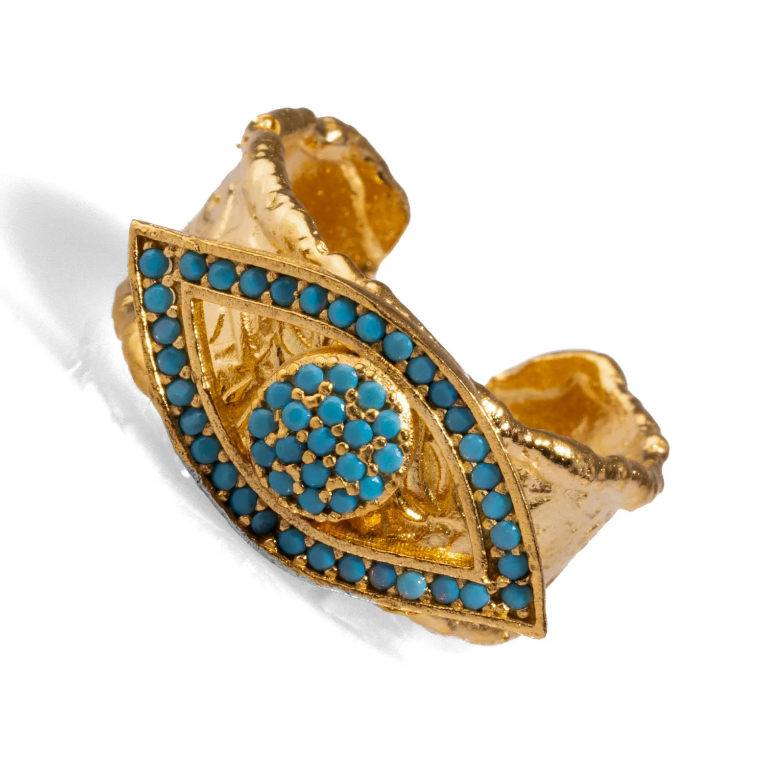 Turquoise Evil Eye Design Gold Adjustable Statement Ring