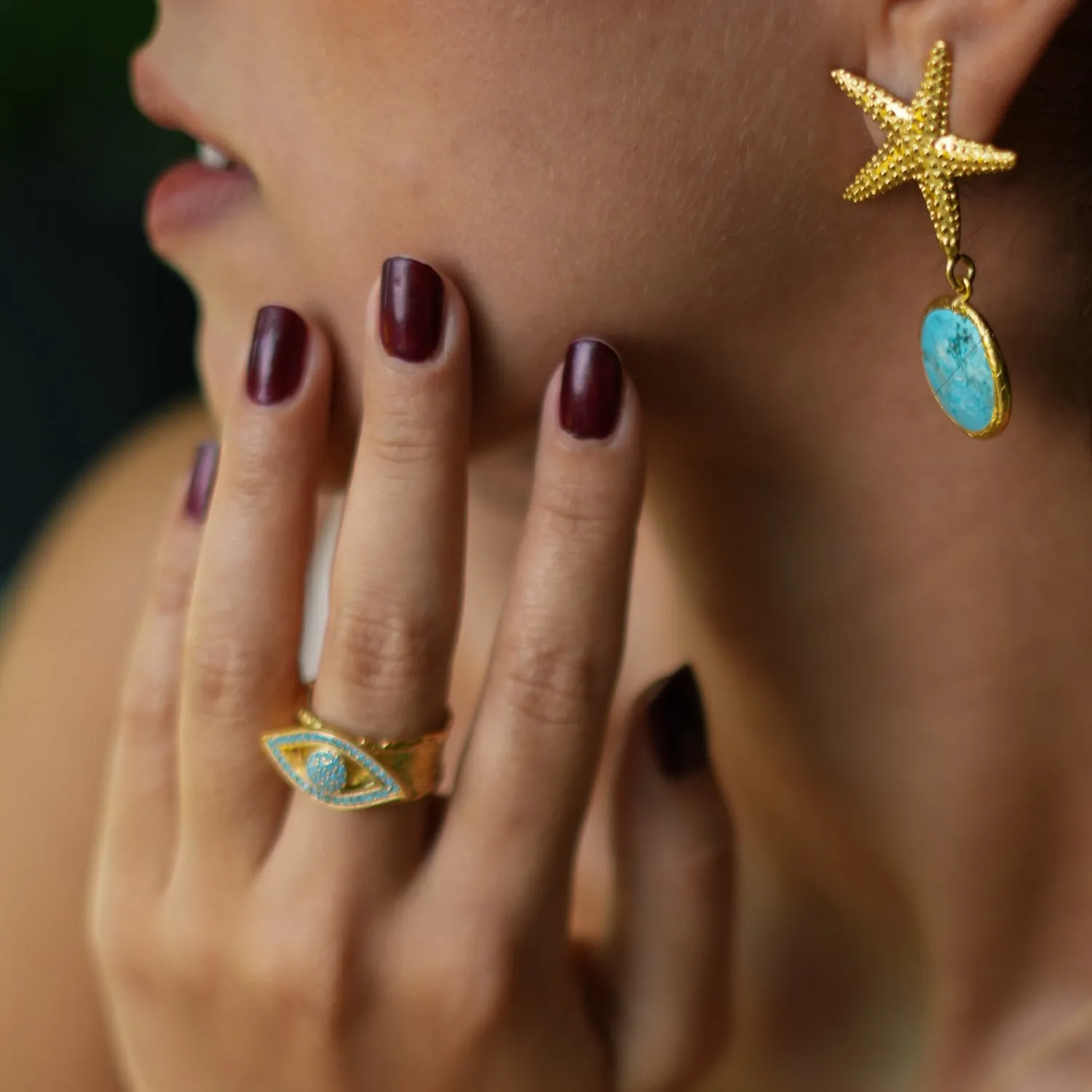 Turquoise Evil Eye Design Gold Adjustable Statement Ring