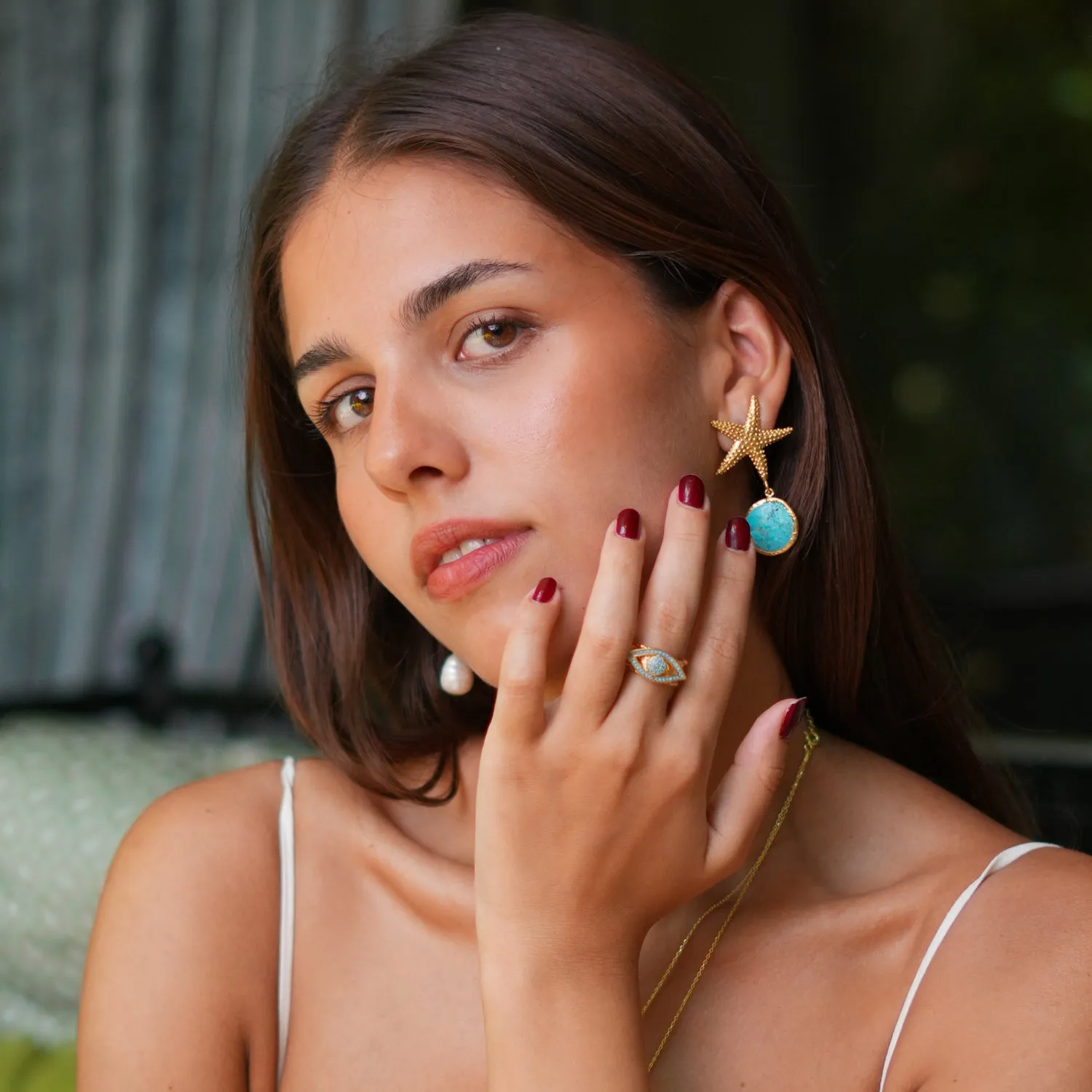 Turquoise Evil Eye Design Gold Adjustable Statement Ring