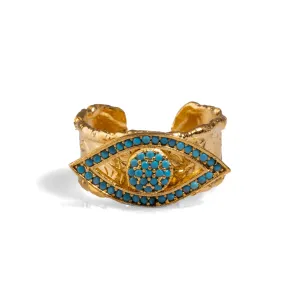 Turquoise Evil Eye Design Gold Adjustable Statement Ring