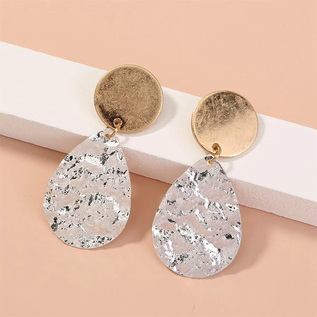 Two Tone Hammered Drop Earrings