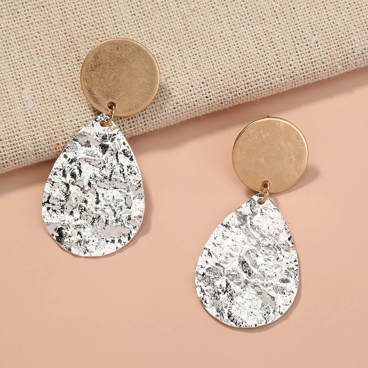 Two Tone Hammered Drop Earrings