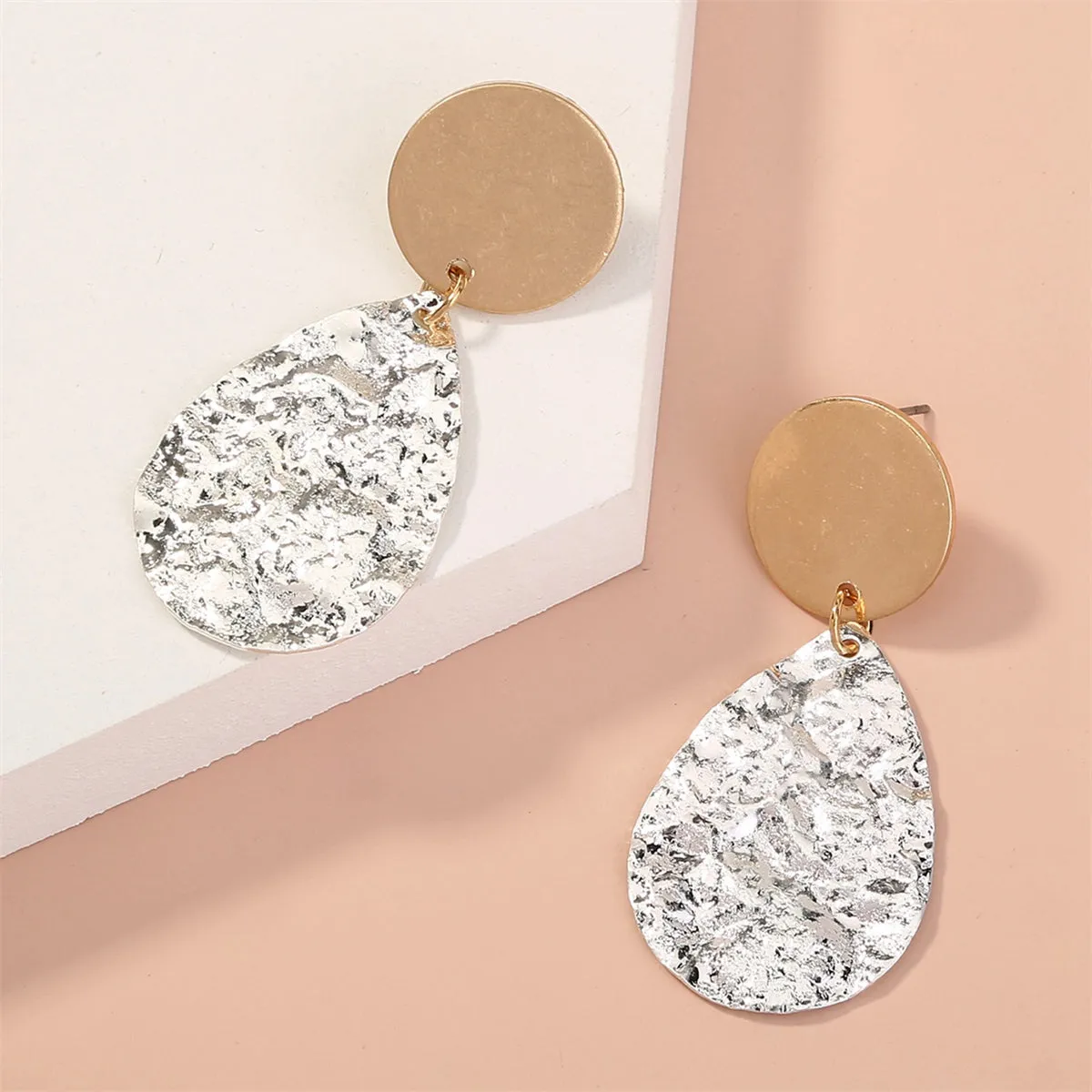 Two Tone Hammered Drop Earrings