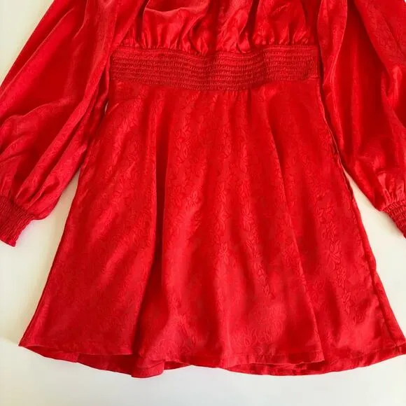 Urban Outfitters Rebecca Red Long Sleeve Jacquard Boho Holiday Mini Dress Small