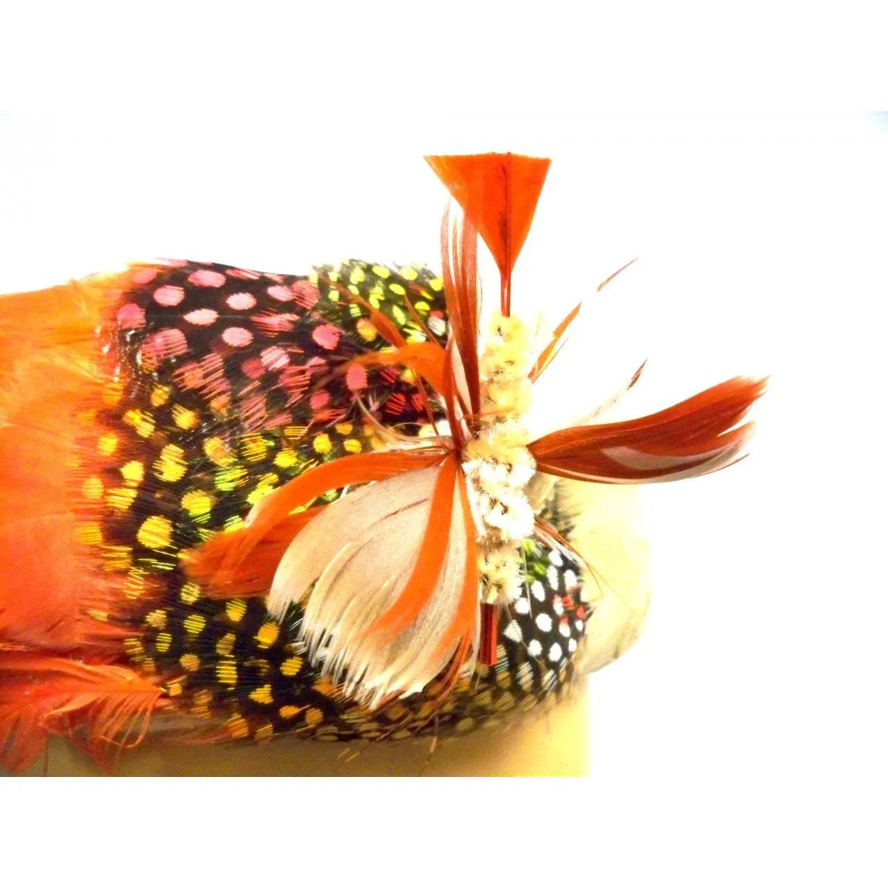 Vintage Pheasant Feather Pillbox Hat  1950s Oranges/ Polka Dots Modern Miss