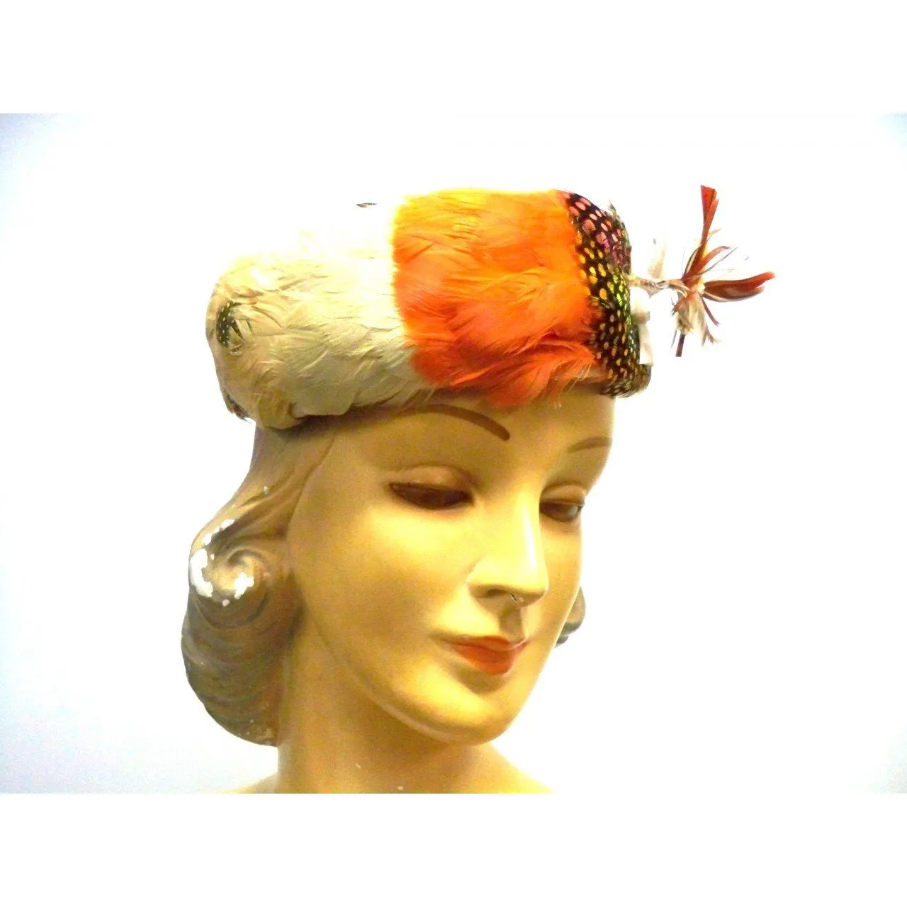 Vintage Pheasant Feather Pillbox Hat  1950s Oranges/ Polka Dots Modern Miss