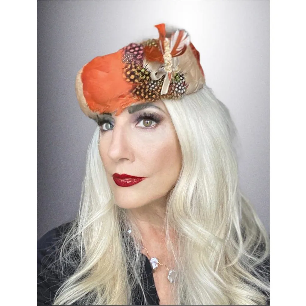 Vintage Pheasant Feather Pillbox Hat  1950s Oranges/ Polka Dots Modern Miss