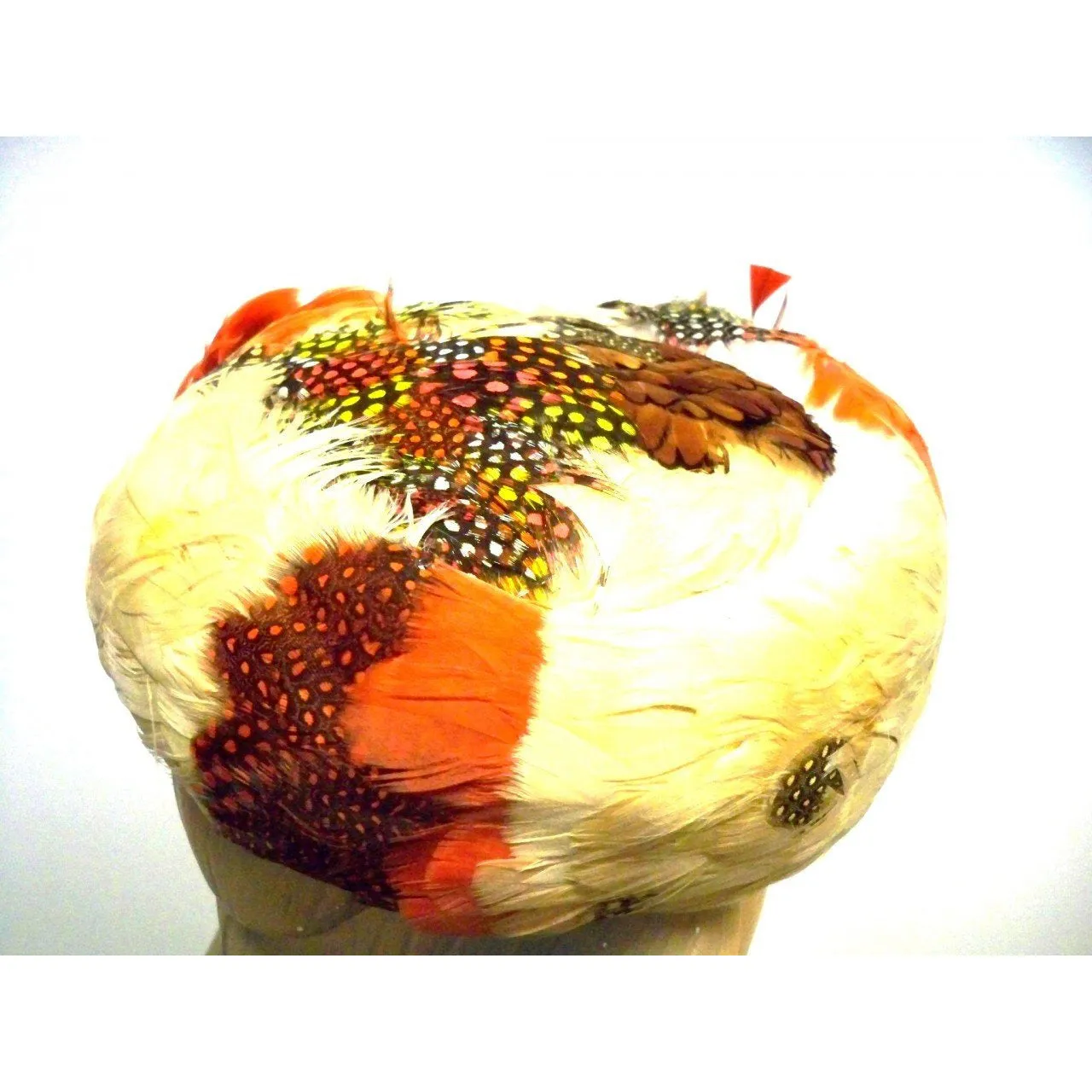 Vintage Pheasant Feather Pillbox Hat  1950s Oranges/ Polka Dots Modern Miss