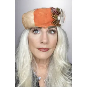 Vintage Pheasant Feather Pillbox Hat  1950s Oranges/ Polka Dots Modern Miss